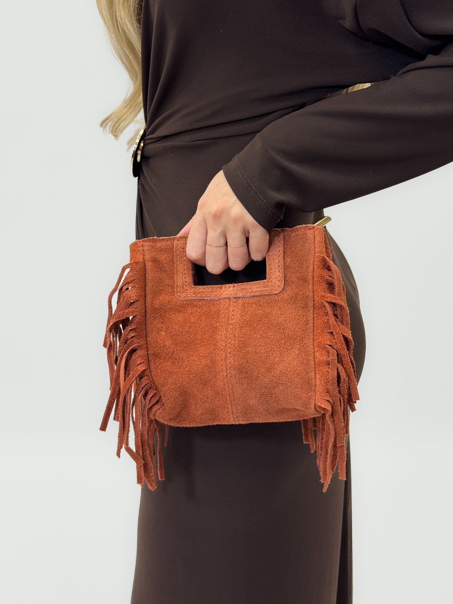 Mini sac en véritable cuir suédé avec franges – Fabriqué en Italie