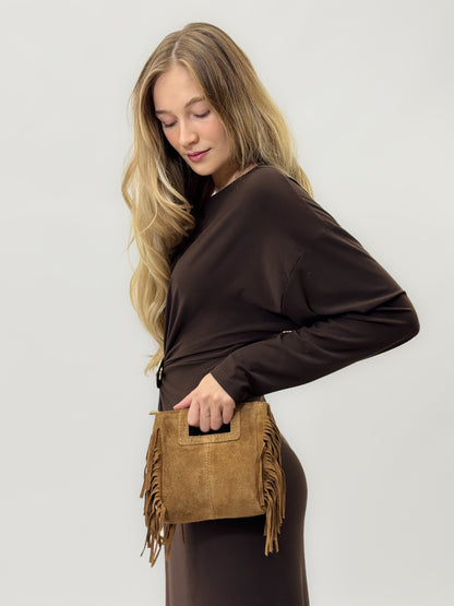 Mini sac en véritable cuir suédé avec franges – Fabriqué en Italie
