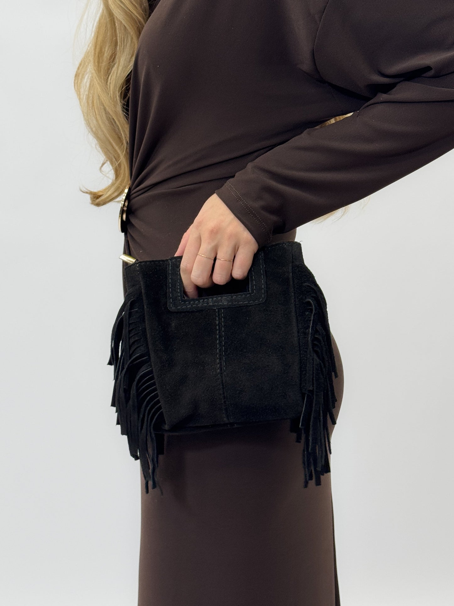 Mini sac en véritable cuir suédé avec franges – Fabriqué en Italie