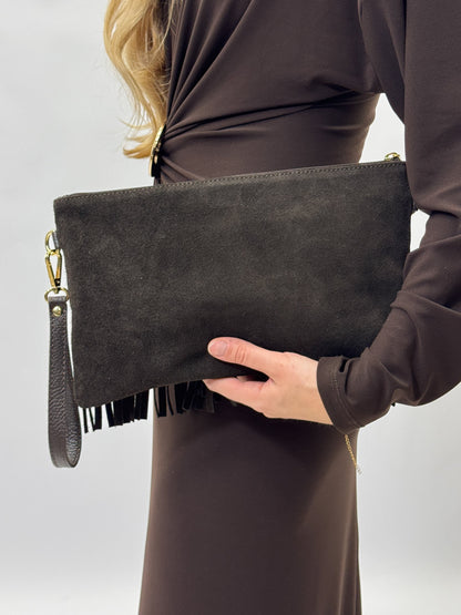 Sac à main en véritable cuir suédé avec franges et clous – Fabriqué en Italie