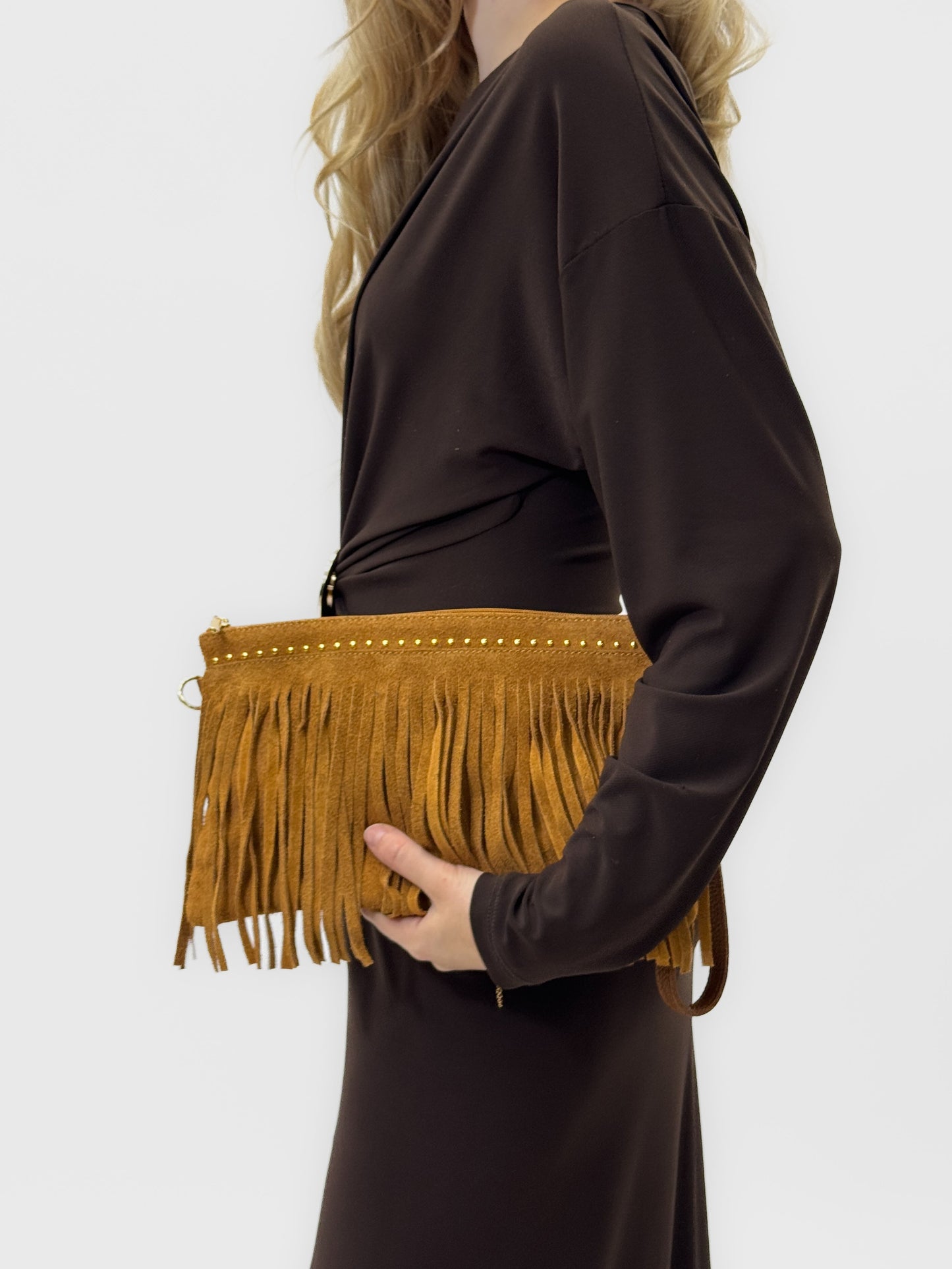 Sac à main en véritable cuir suédé avec franges et clous – Fabriqué en Italie