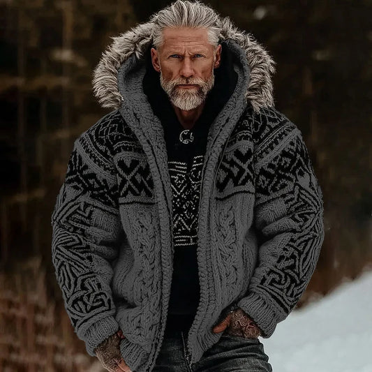 Pull à capuche en maille avec col en fourrure douce et style viking celtique