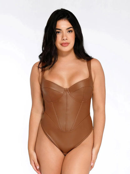 Body Sculptant en Cuir Synthétique à Taille de Sablier