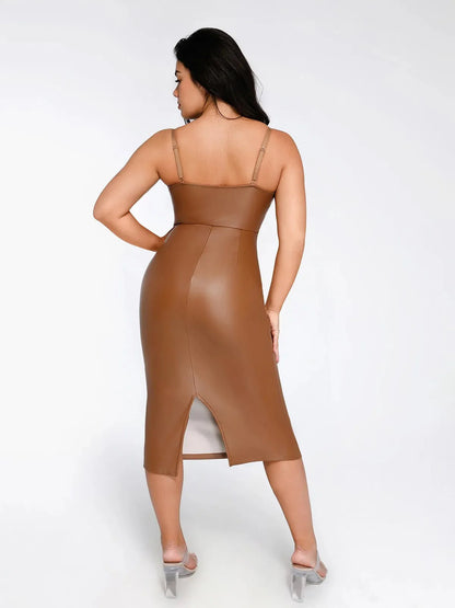 Robe Midi Corset en Similicuir à Taille Sablier