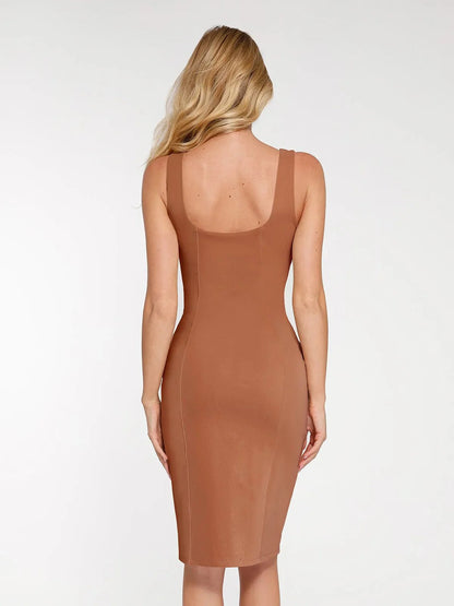 Robe Midi Sculptante à Fente en Faux Nubuck