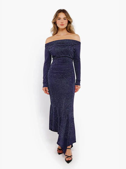 Robe Maxi Sirène Slim à Manches Longues en Maille Métallique Shapewear