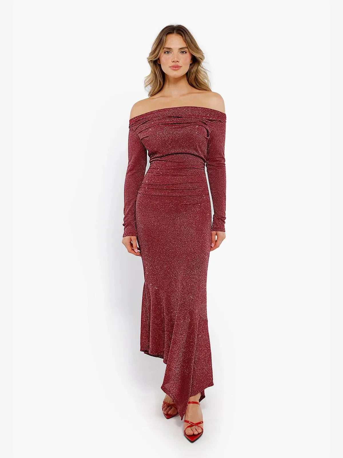 Robe Maxi Sirène Slim à Manches Longues en Maille Métallique Shapewear