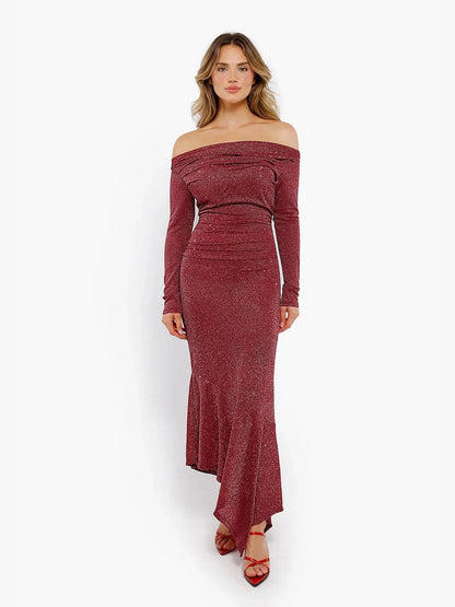 Robe Maxi Sirène Slim à Manches Longues en Maille Métallique Shapewear
