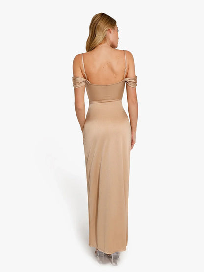 Robe Maxi Sculptante Drapée à Épaules Dégagées Shapewear