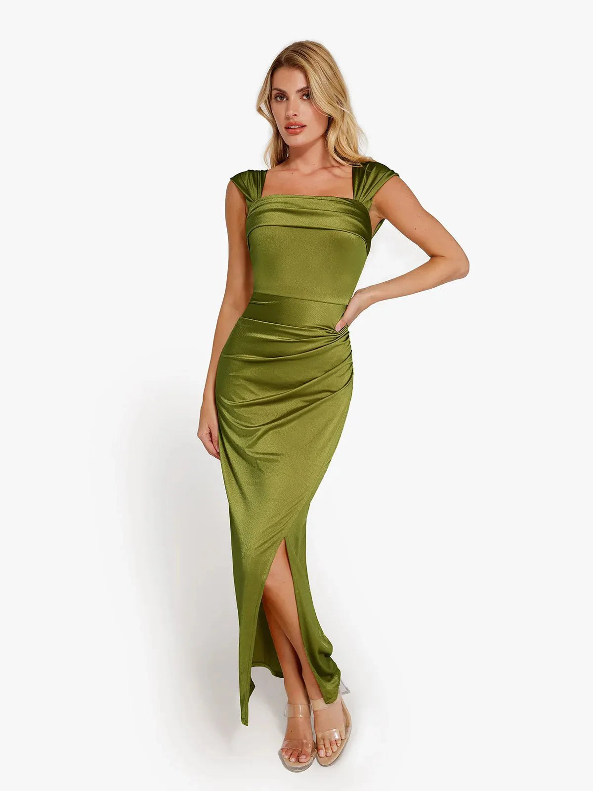 Robe Maxi Sculptante Drapée à Épaules Dégagées Shapewear