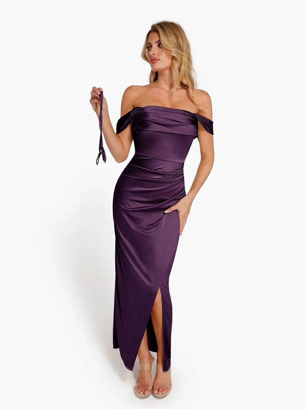 Robe Maxi Sculptante Drapée à Épaules Dégagées Shapewear