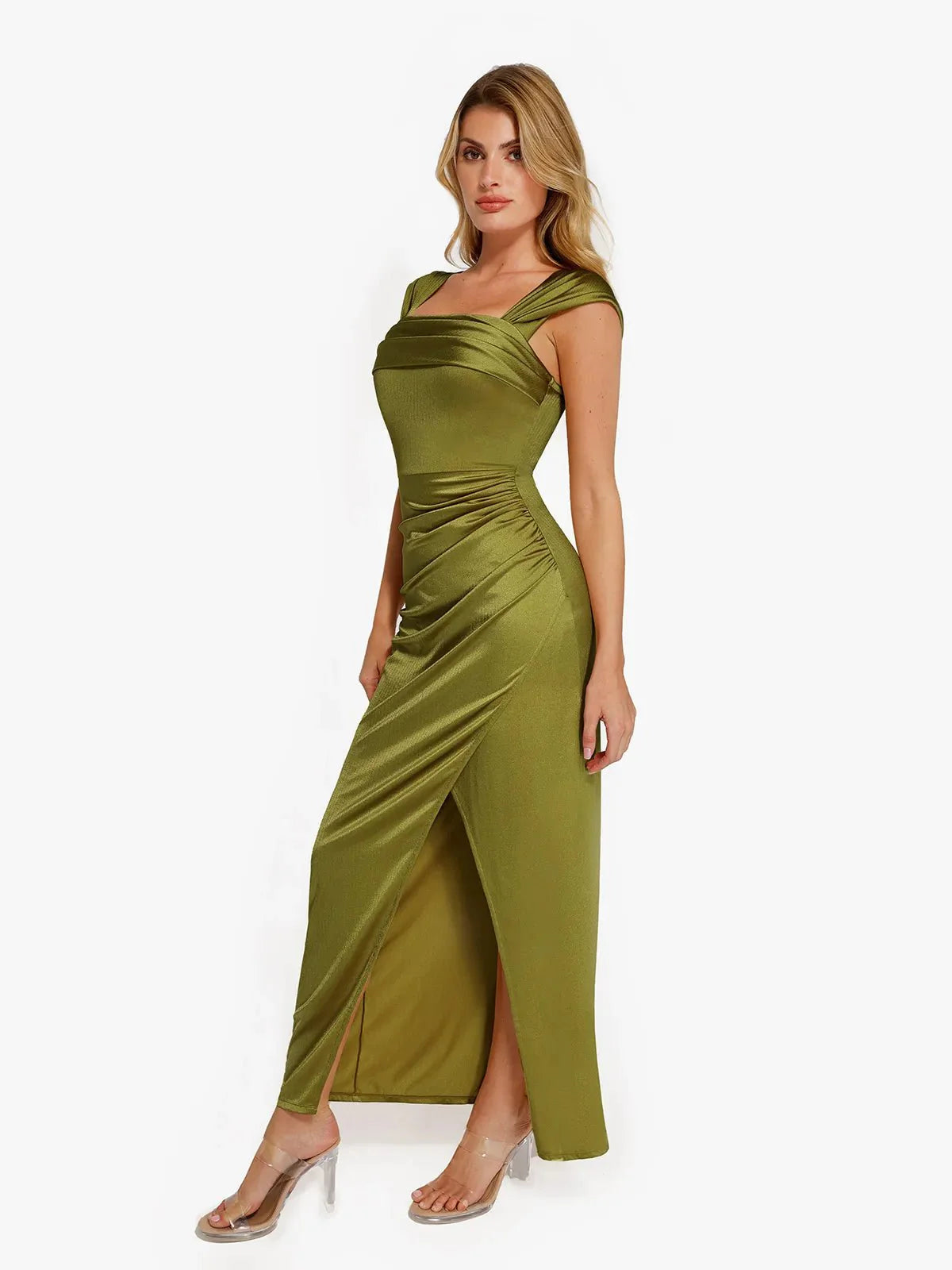 Robe Maxi Sculptante Drapée à Épaules Dégagées Shapewear