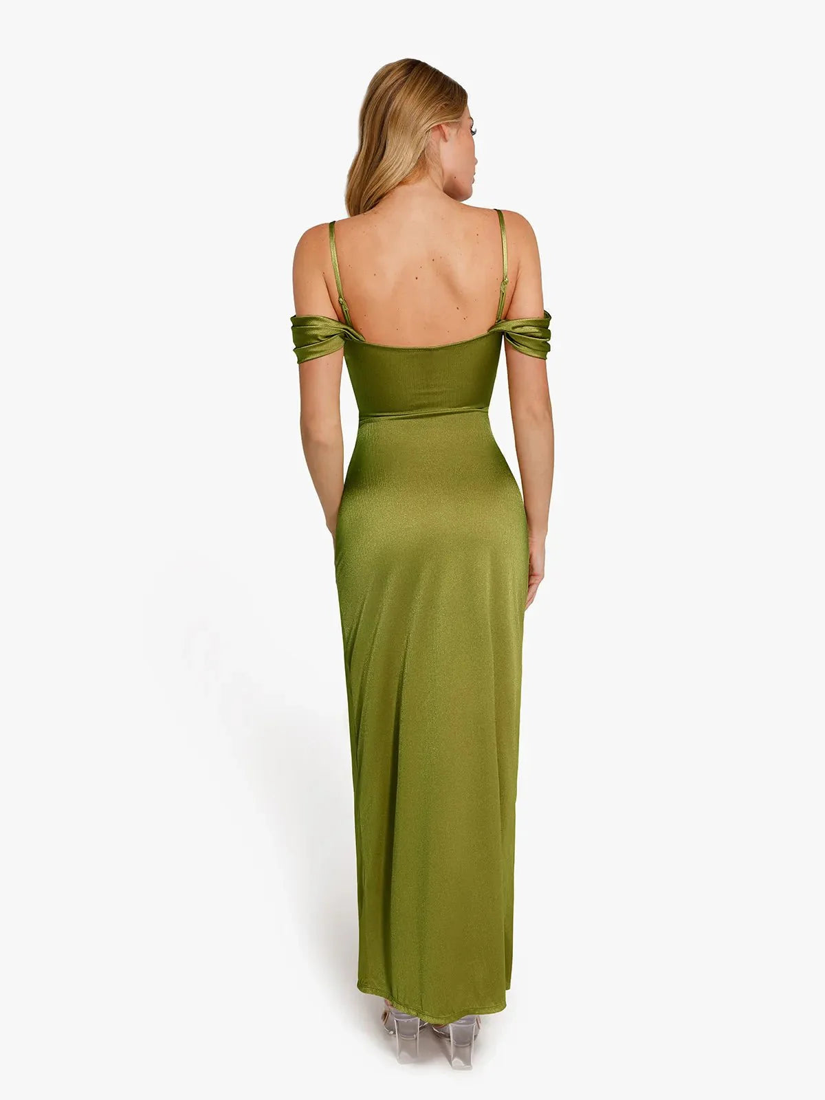 Robe Maxi Sculptante Drapée à Épaules Dégagées Shapewear