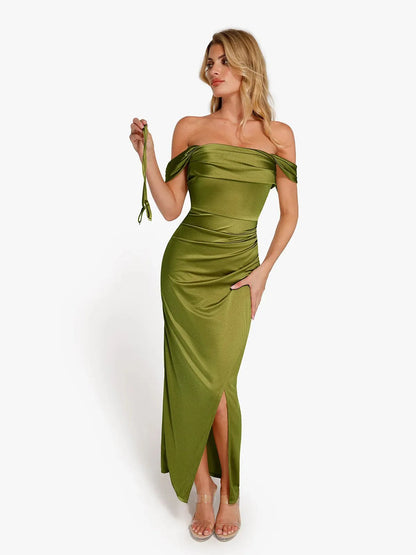 Robe Maxi Sculptante Drapée à Épaules Dégagées Shapewear