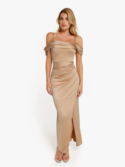 Robe Maxi Sculptante Drapée à Épaules Dégagées Shapewear