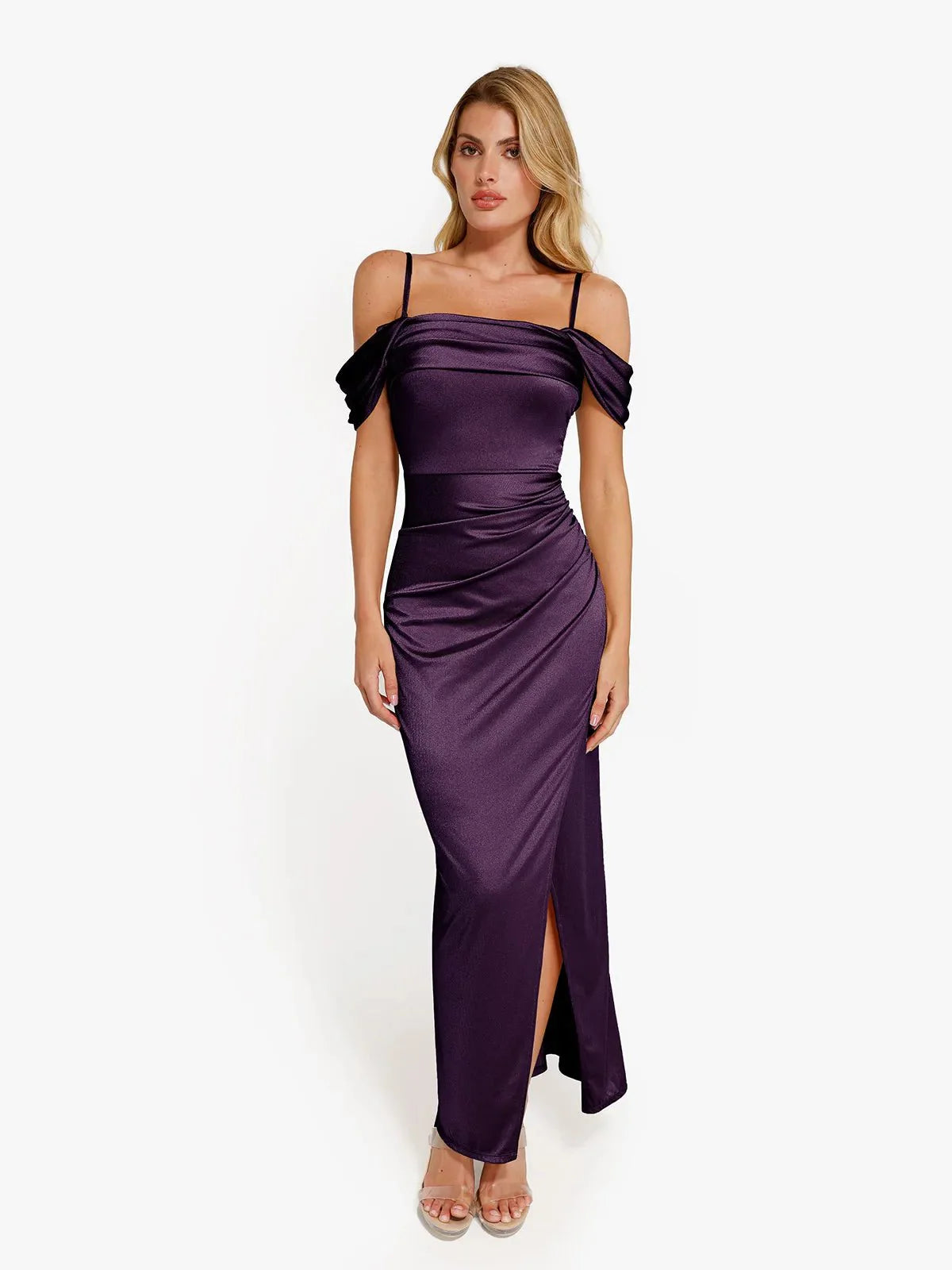 Robe Maxi Sculptante Drapée à Épaules Dégagées Shapewear