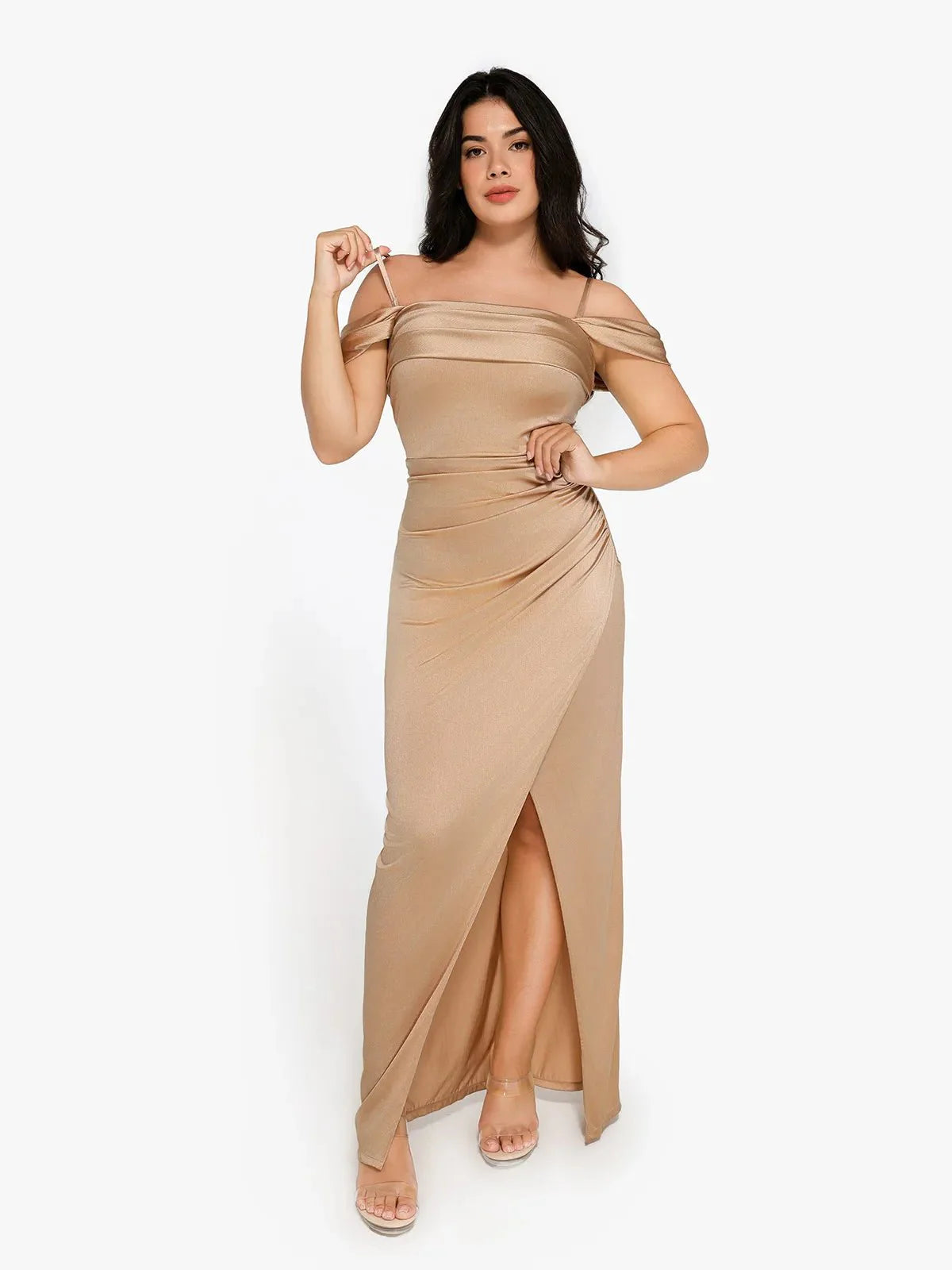 Robe Maxi Sculptante Drapée à Épaules Dégagées Shapewear