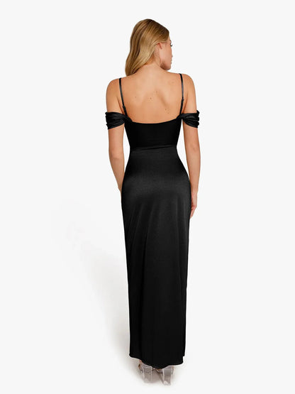 Robe Maxi Sculptante Drapée à Épaules Dégagées Shapewear