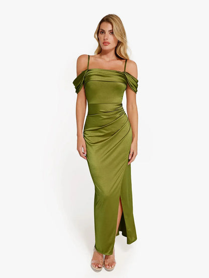 Robe Maxi Sculptante Drapée à Épaules Dégagées Shapewear