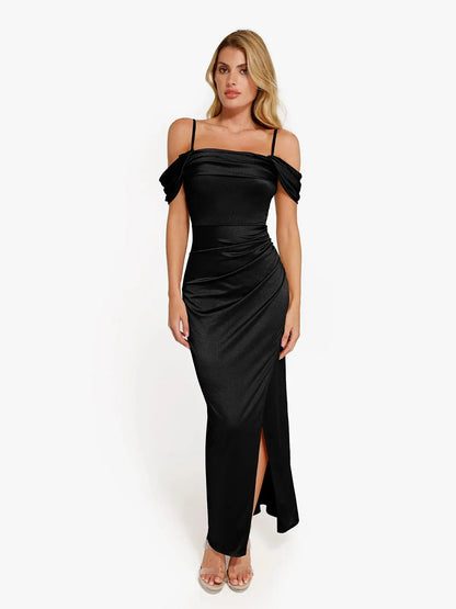 Robe Maxi Sculptante Drapée à Épaules Dégagées Shapewear