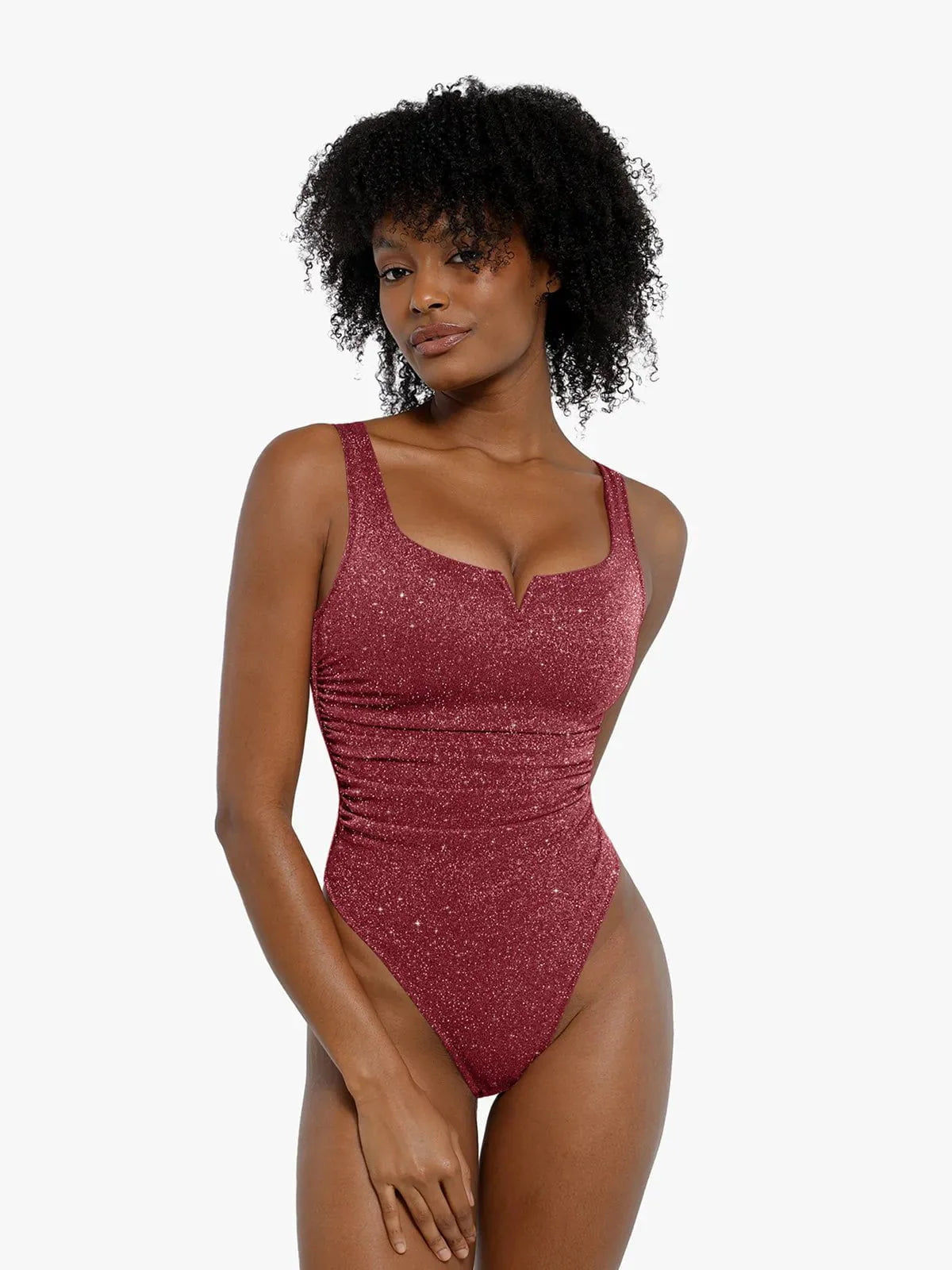 Body Sculptant en Maille Métallique Froncée à Encolure Carrée