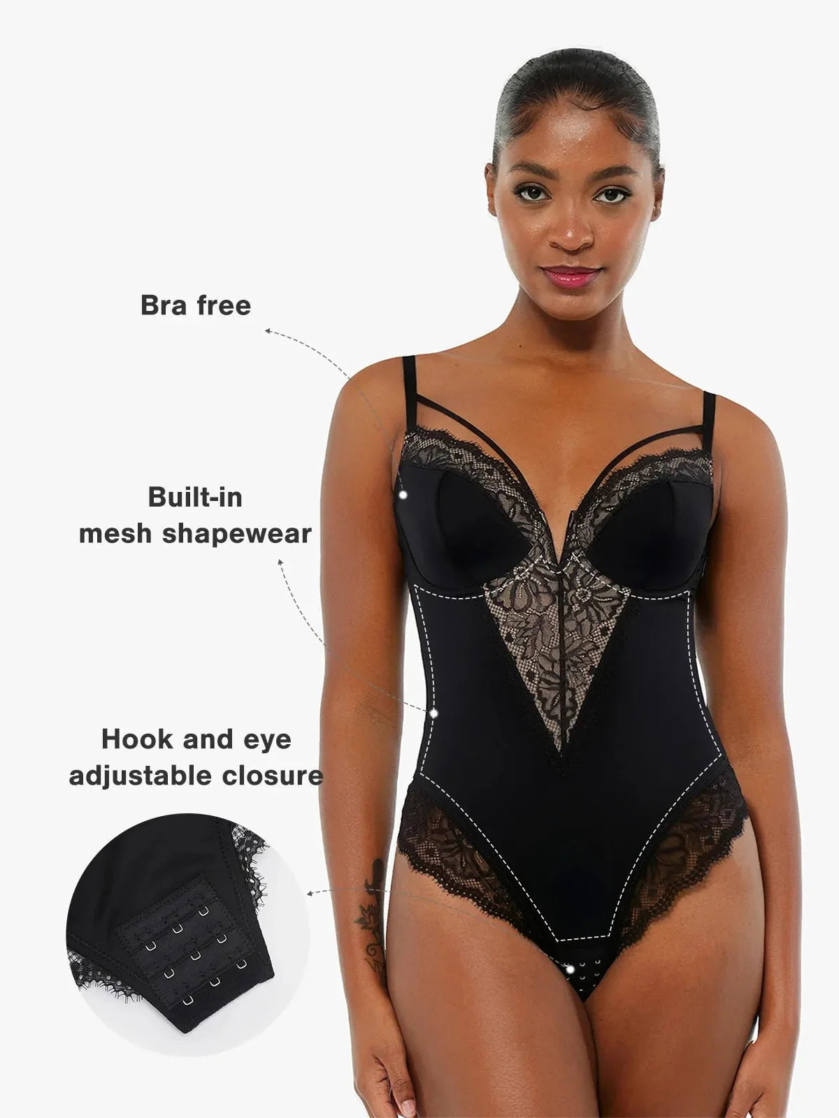 Body en dentelle avec contrôle du ventre et bretelles