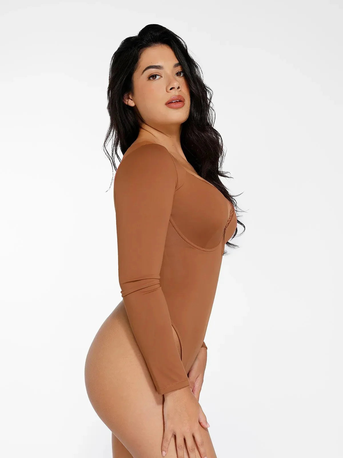 Body Sculptant à Manches Longues avec Détails en Dentelle et Décolleté en V
