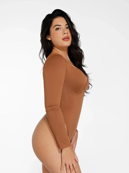 Body Sculptant à Manches Longues avec Détails en Dentelle et Décolleté en V