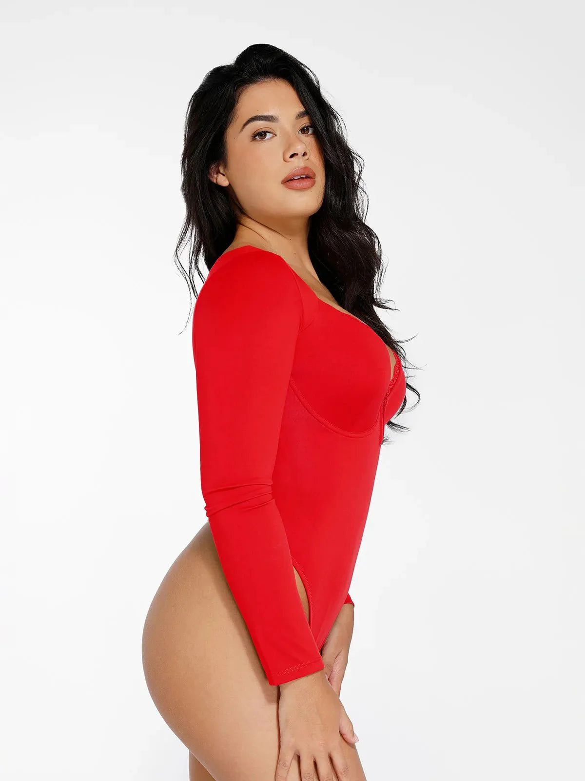Body Sculptant à Manches Longues avec Détails en Dentelle et Décolleté en V