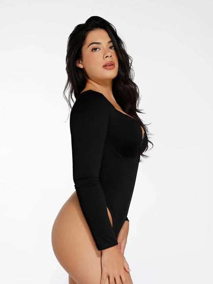 Body Sculptant à Manches Longues avec Détails en Dentelle et Décolleté en V