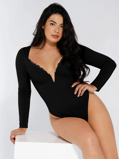 Body Sculptant à Manches Longues avec Détails en Dentelle et Décolleté en V