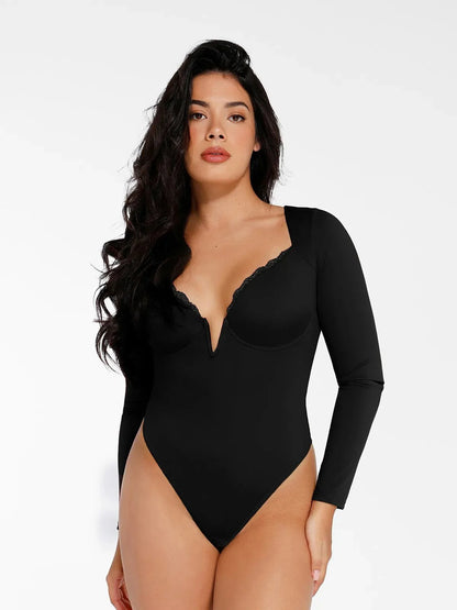 Body Sculptant à Manches Longues avec Détails en Dentelle et Décolleté en V