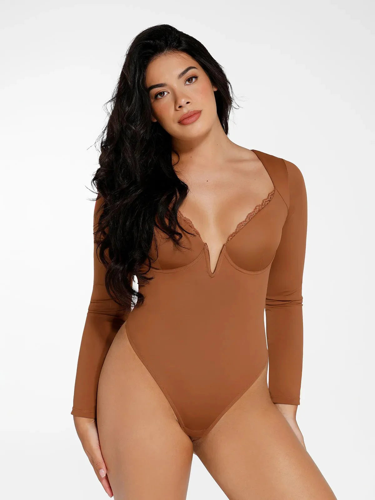 Body Sculptant à Manches Longues avec Détails en Dentelle et Décolleté en V