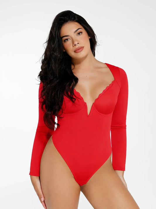 Body Sculptant à Manches Longues avec Détails en Dentelle et Décolleté en V