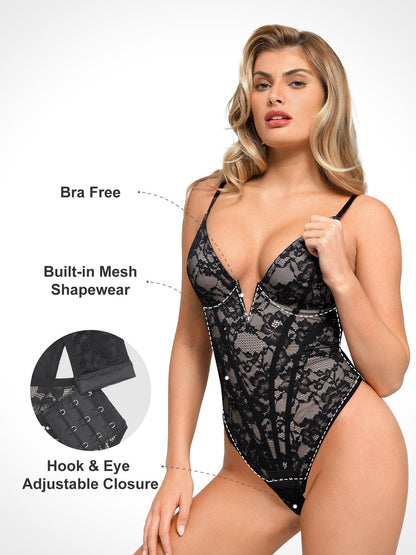 Shapewear Plunging V-Neck Lace Hourglass Corset Bodysuit