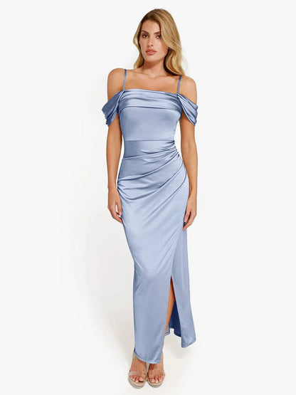 Robe Maxi Sculptante Drapée à Épaules Dégagées Shapewear