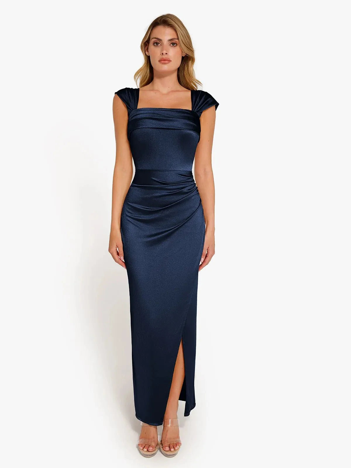 Robe Maxi Sculptante Drapée à Épaules Dégagées Shapewear