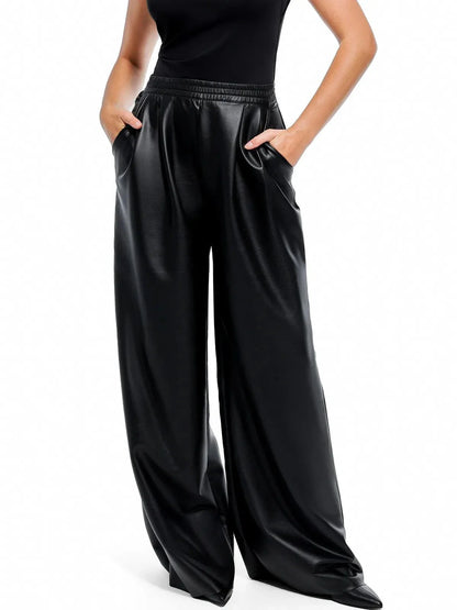 Pantalon large taille haute en simili cuir