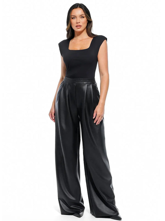 Pantalons larges taille haute en simili cuir