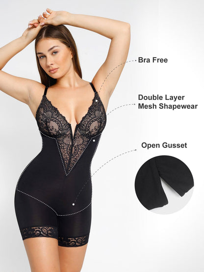 Shapewear Lace Deep V-Neck Sculpting Mid-Thigh Bodysuit