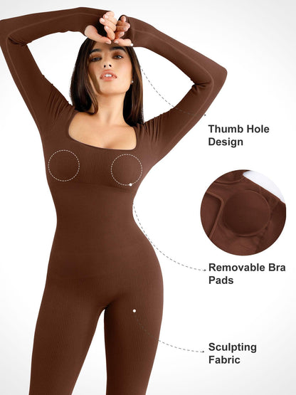 Combinaison Longue à Manches avec Trou pour le Pouce Sans Couture