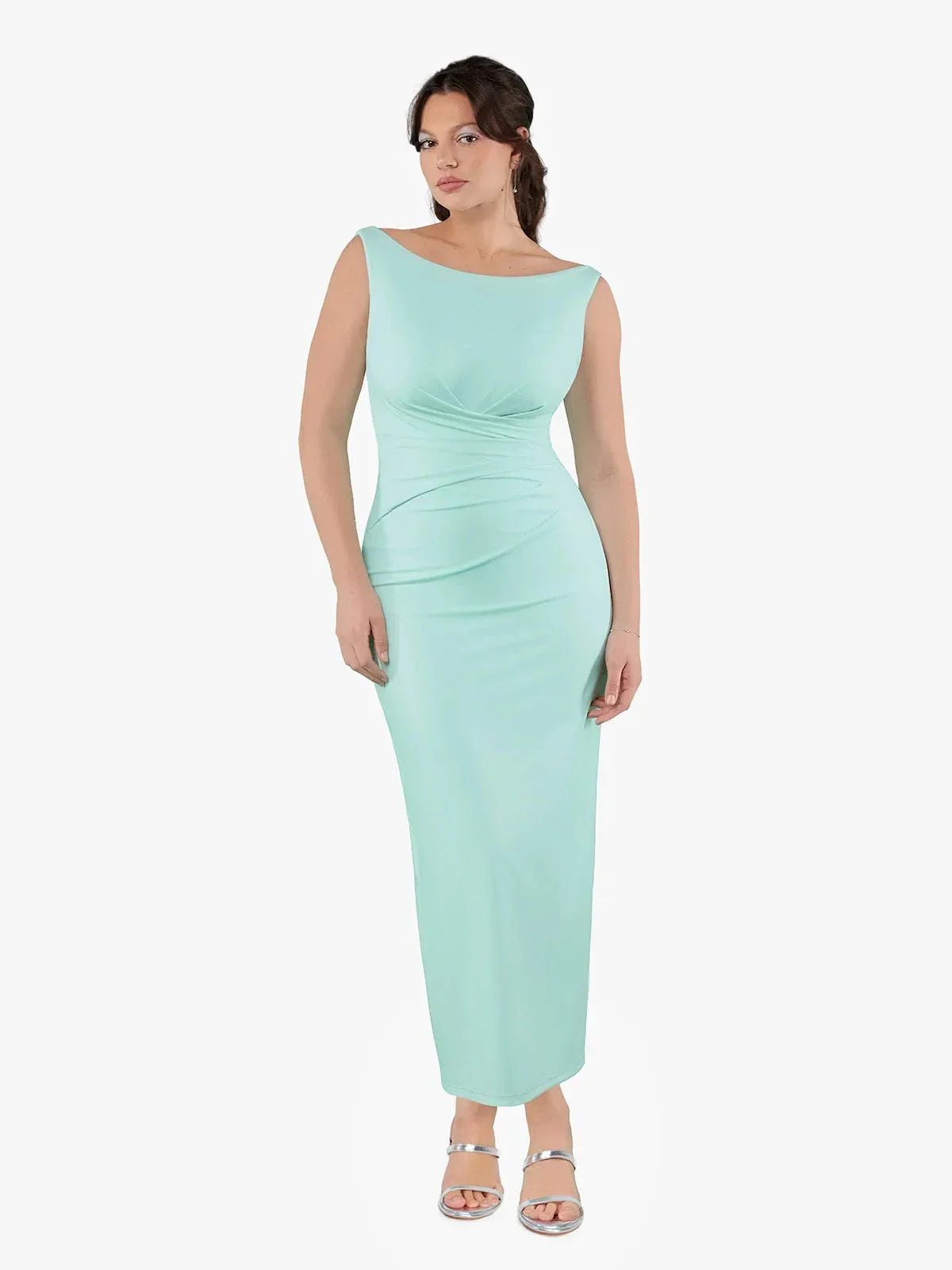 Robe Maxi Sculptante Drapée à Encolure Bateau