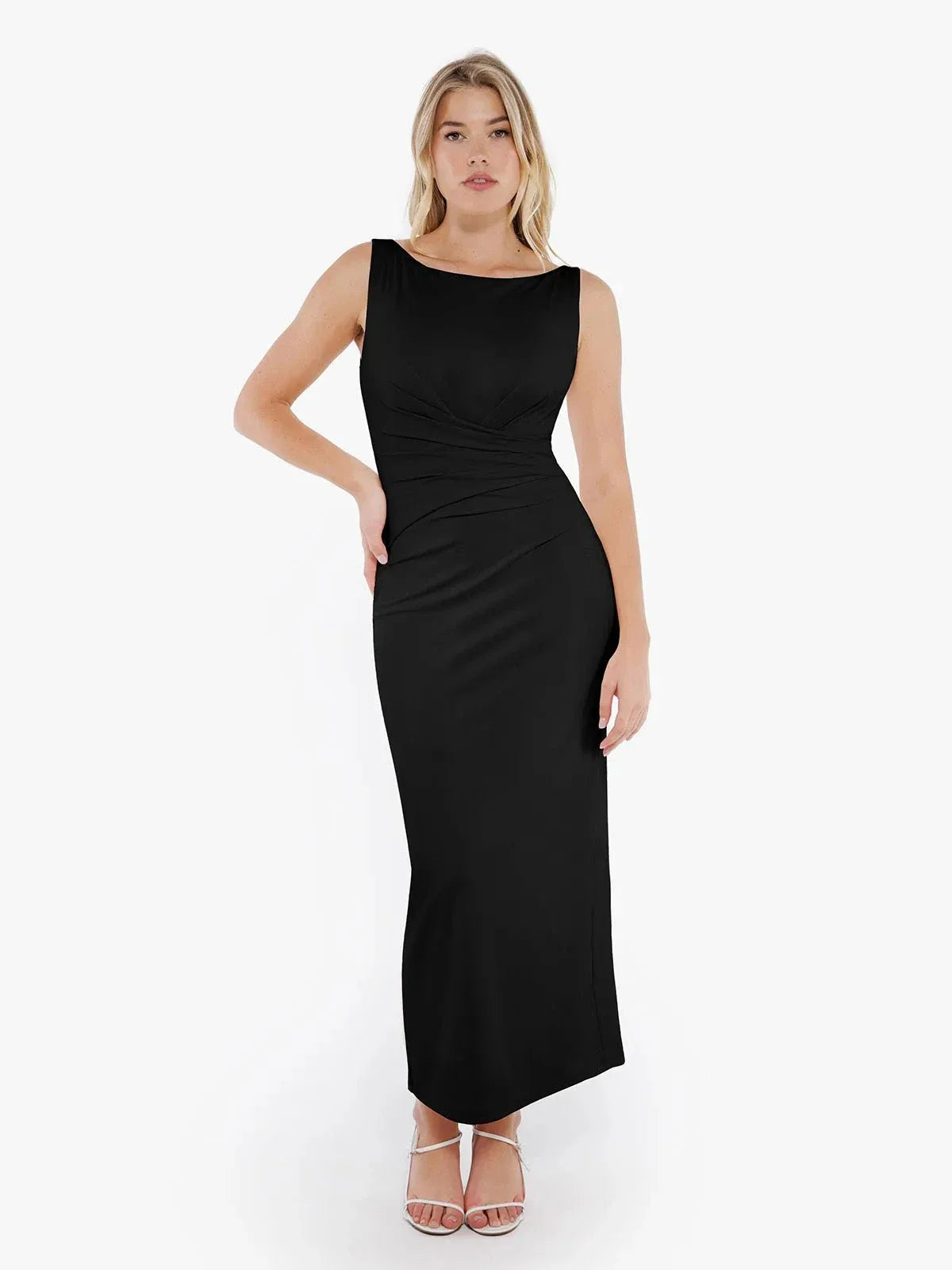 Robe Maxi Sculptante Drapée à Encolure Bateau