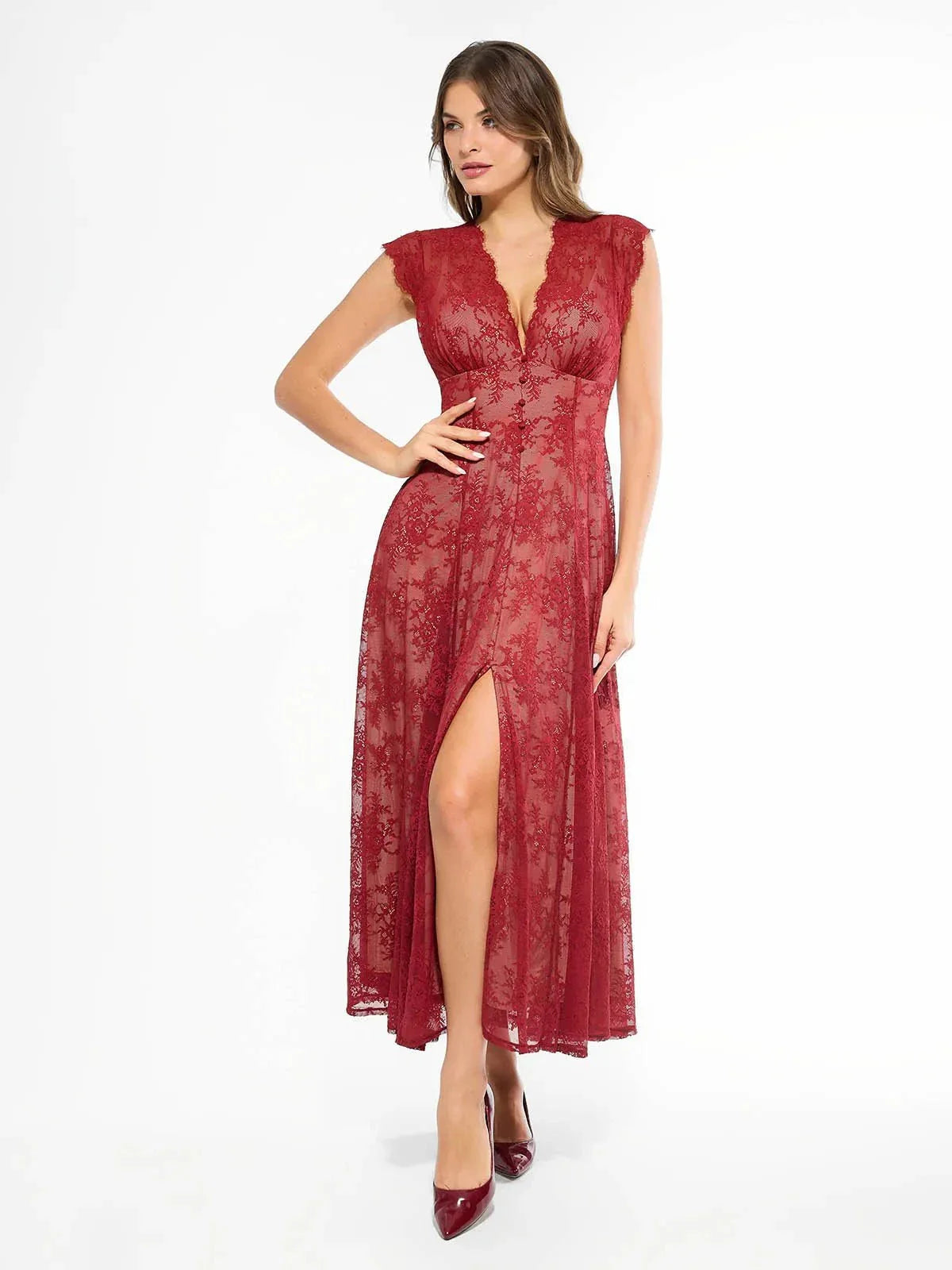 Robe Maxi en Dentelle Florale Boho avec Fente Frontale