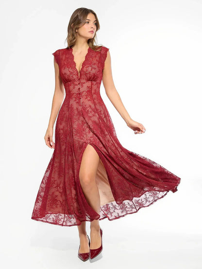 Robe Maxi en Dentelle Florale Boho avec Fente Frontale