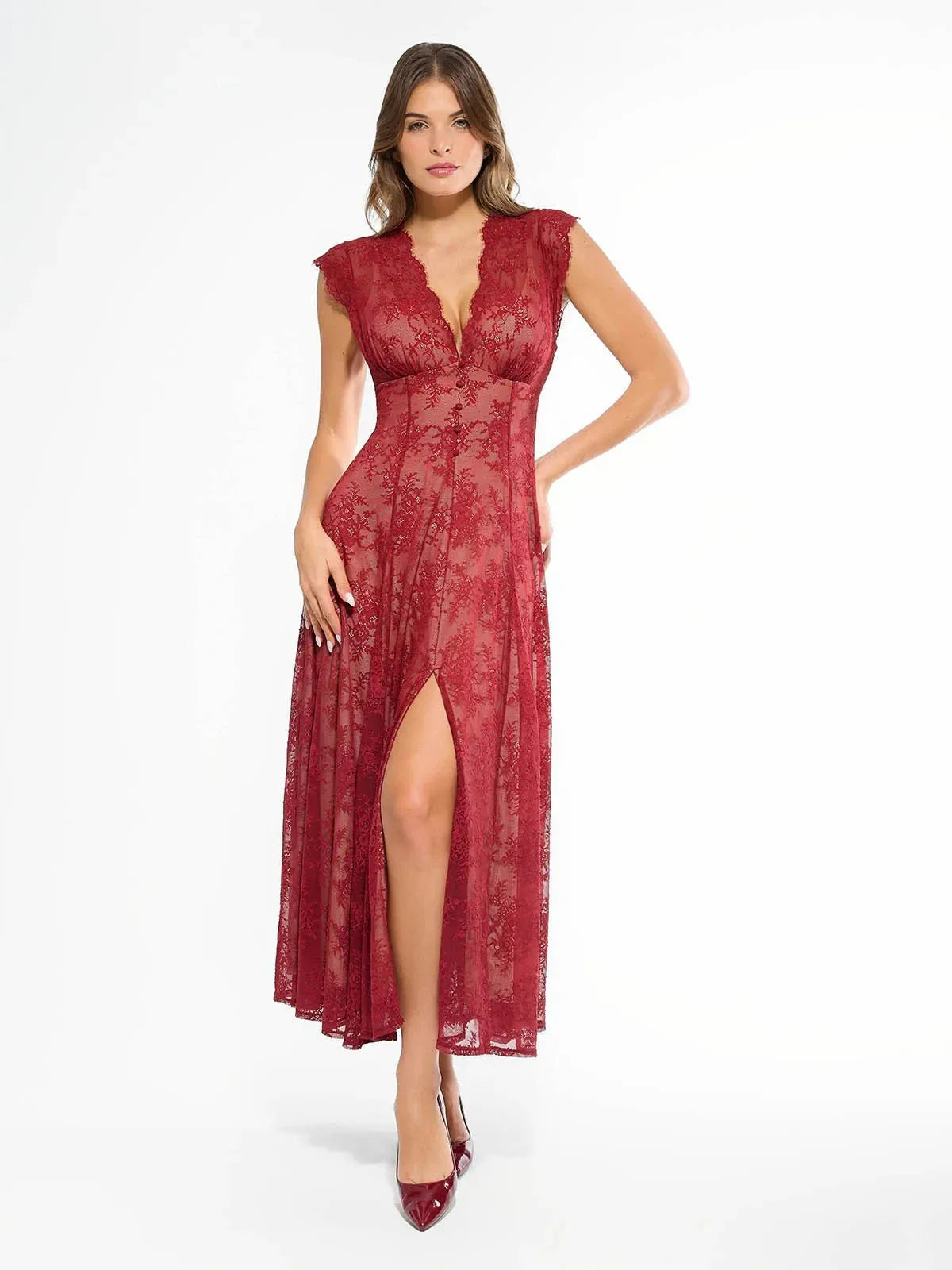 Robe Maxi en Dentelle Florale Boho avec Fente Frontale