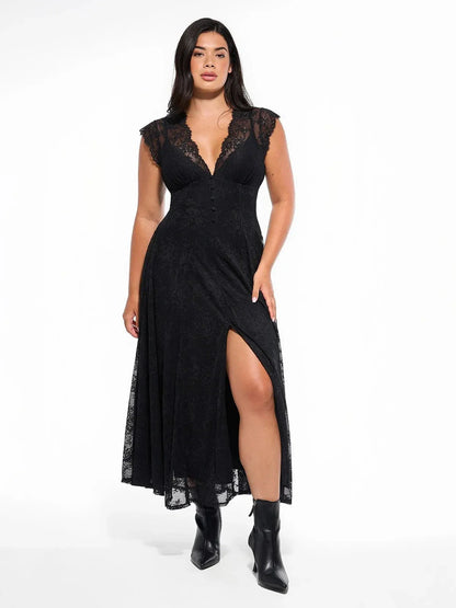 Robe Maxi en Dentelle Florale Boho avec Fente Frontale