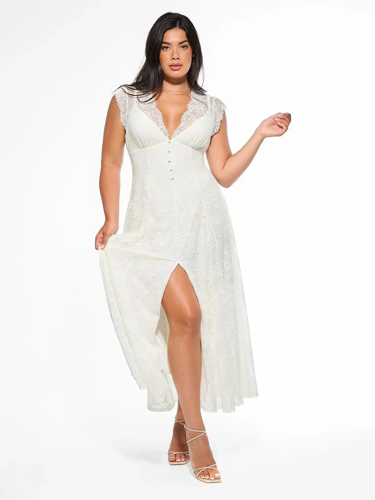 Robe Maxi en Dentelle Florale Boho avec Fente Frontale