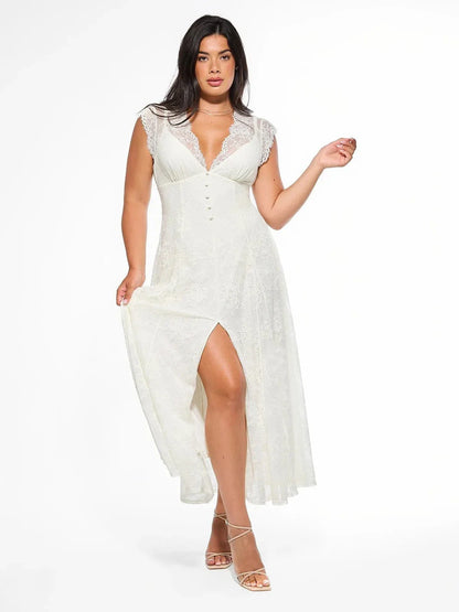 Robe Maxi en Dentelle Florale Boho avec Fente Frontale