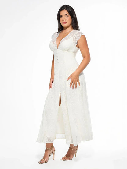 Robe Maxi en Dentelle Florale Boho avec Fente Frontale
